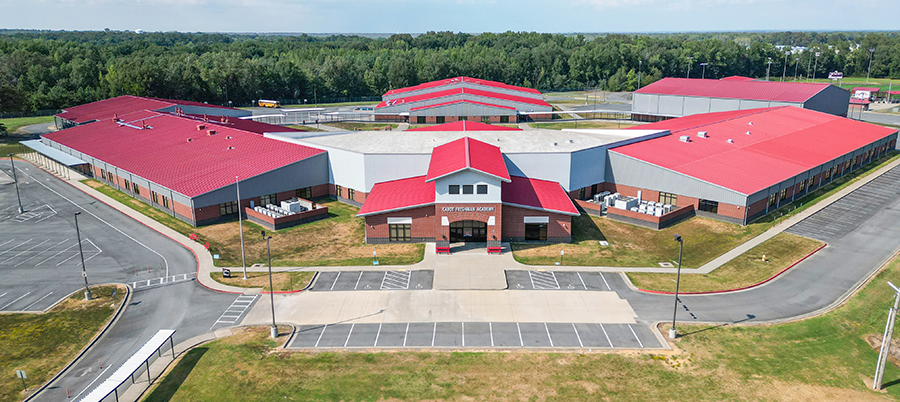 A building with red roofs.